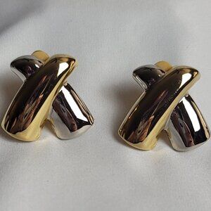 Vintage Gold and Silver X Cross Clip On Earrings